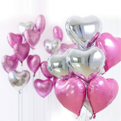 Image 164: Pink & Silver Color | 6pcs Helium Filled Love Heart Shape Foil Balloon 18" | Delivery By Car